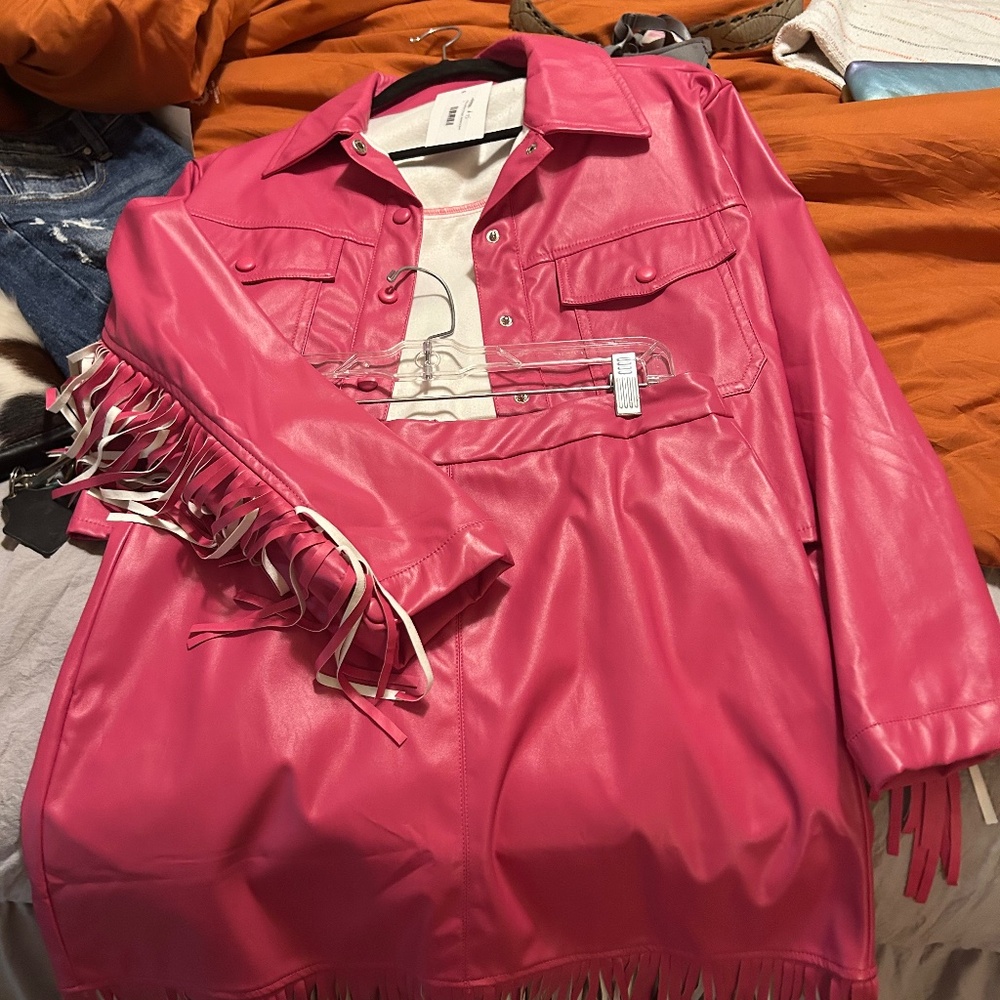 Pink leather fringe skirt and jacket